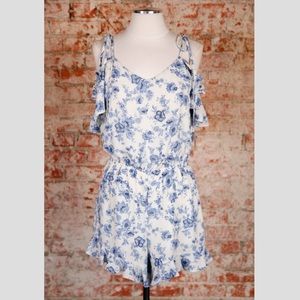 White & Blue Floral Cold Shoulder Romper